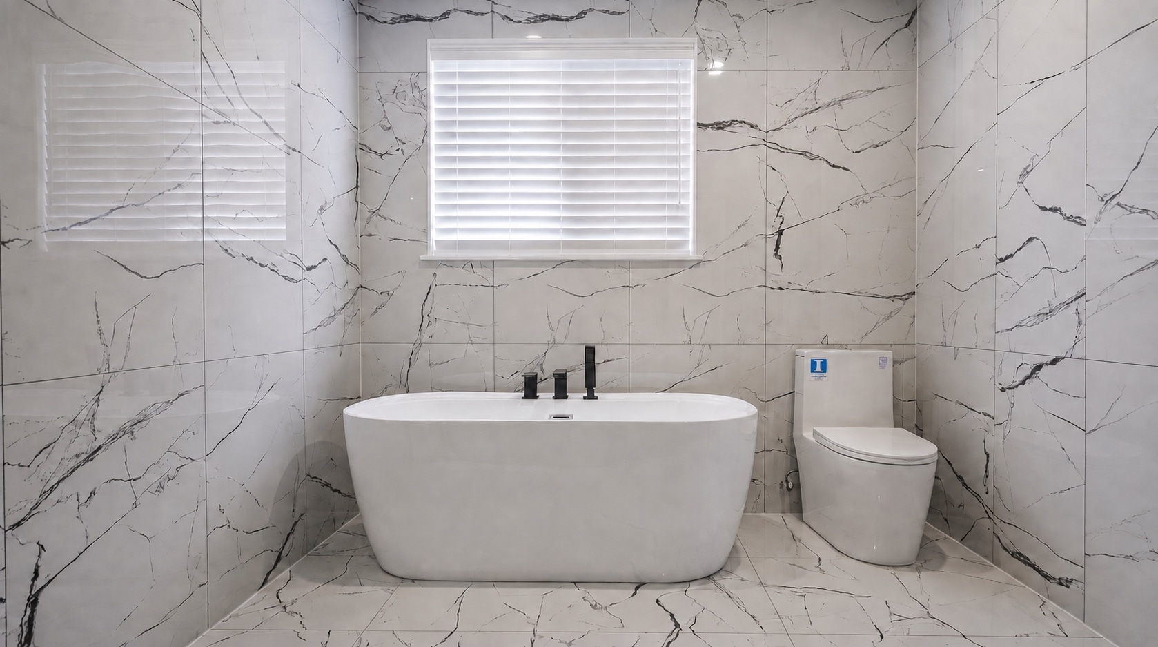 Freestanding tub surrounded by continuous marble-look tile
