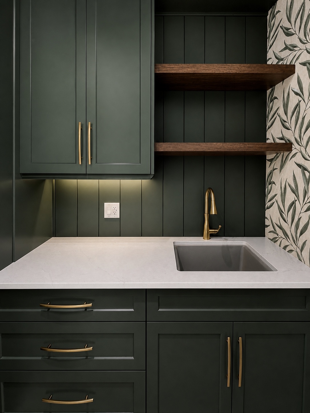 Custom sink cabinetry and open shelving